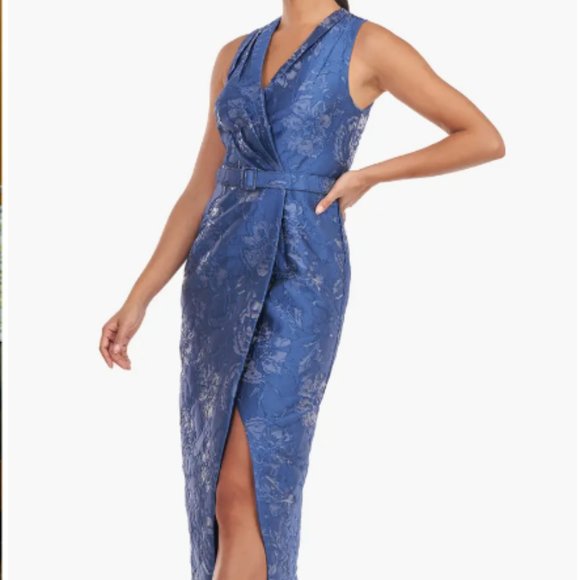 KAY UNGER EDIE FLORAL BELTED COLUMN SURF BLUE GOWN sz 4 - Picture 3 of 4